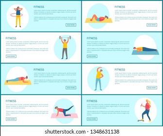 Fitness webpage set, strong people pumping muscles and lose weight, portrait view of people doing exercise, website of healthy lifestyle and sport vector
