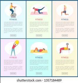 Fitness websites with information vector, woman and man leading active lifestyle. Weightlifters with barbell and dumbbells, bicycle machine and ball