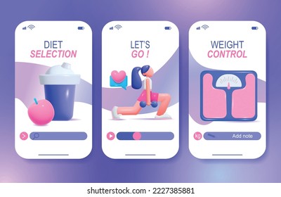 Fitness weight control diet selection vertical mobile web banners set isolated on gradient background cartoon vector illustration