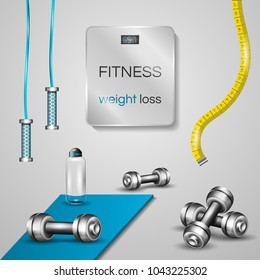 Fitness weight loss concept. Healthy lifestyle. Sports equipment, dumbbells, jump rope. Vector illustration