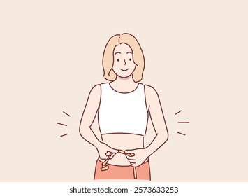 
Fitness and weight Loss. Girl in fitwear measuring thin waist with tape. Hand drawn style vector design illustrations.