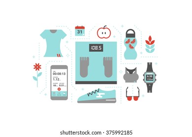 Fitness, weight loss, health and exercise concept with sport gadgets illustration in flat design