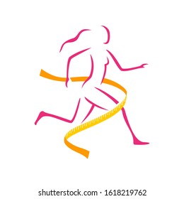 Fitness and weight loss logo concept - running woman silhouette crossing the finish line in measuring tape metaphor - successful diet or sports program - isolated vector icom