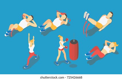 Fitness Weight-liftin in gym, gymnastics workout and yoga exercises. 3d isometric icons. Sport people, total abs,vector illustration