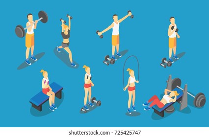 Fitness Weight-lifting in gym, gymnastics workout exercises. 3d isometric icons. Sport people health vector illustration