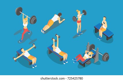 Fitness Weight-lifting in gym, gymnastics workout exercises. 3d isometric icons. Sport people health vector illustration

