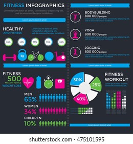 Fitness and wellness infographics template, bodybuilding, yoga, healthy eating, sport set, lifestyle concept, training, activity charts. Vector illustration on black background