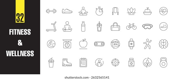 Fitness and Wellness Line Art Icon Set  Minimal Vector Outline Icons for Gym, Yoga, Health, Nutrition, Exercise, and Self-Care
