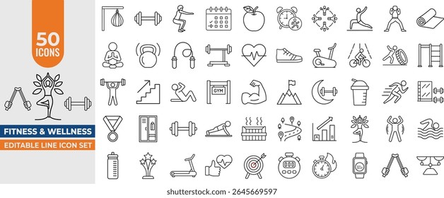 Fitness and Wellness Line Icons Set – Editable Vector Set for Health, Nutrition, Exercise, Gym, Yoga, Sports and Lifestyle. Editable Stroke. Vector illustration