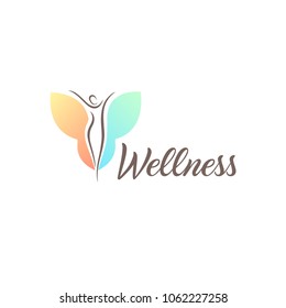 Fitness and wellness vector logo design template. Young woman with wings.