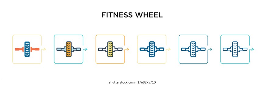 Fitness wheel vector icon in 6 different modern styles. Black, two colored fitness wheel icons designed in filled, outline, line and stroke style. Vector illustration can be used for web, mobile, ui