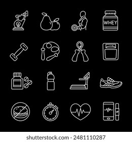 Fitness, white line icons. Training apparatus, fitness machines, and sports nutrition symbols. health and wellness themes. Symbols on black background. Editable stroke.