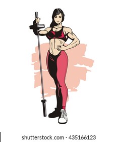 Fitness woman with barbell, vector illustration