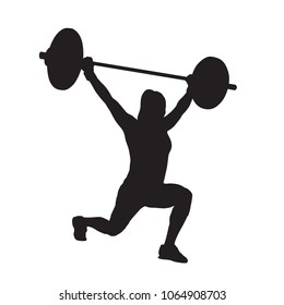 Fitness woman with barbell, weight lifting. Strength training. Lunge. Vector silhouette