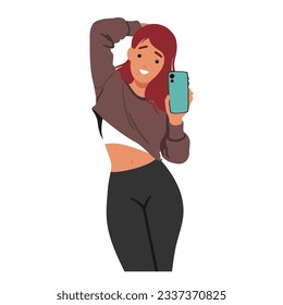 Fitness Woman Capturing her Workout Progress With Selfie In Gym, Female Character Showcasing her Dedication While Motivating Others To Embrace A Healthy Lifestyle. Cartoon People Vector Illustration