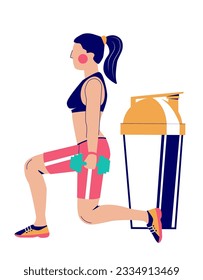 Fitness woman cartoon character training with dumbbells weights nearby huge protein cocktail shaker bottle vector illustration isolated on white background. Sports nutrition and supplement concept