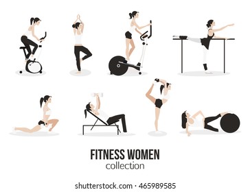 Fitness woman cartoon flat icons isolated on white background. Vector illustration.