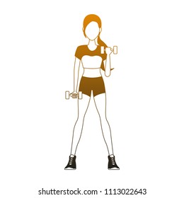 Fitness woman cartoon in orange lines