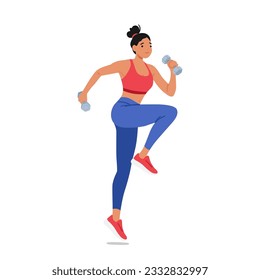 Fitness Woman Confidently Exercises With Dumbbells. Young Active Female Character Showcasing Strength, Determination, And Dedication To Her Fitness Goals. Cartoon People Vector Illustration