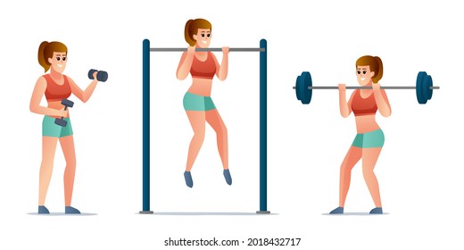 Fitness woman doing exercise character set. Collection of female doing weight lifting gym exercises illustration