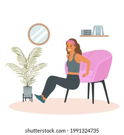 Fitness woman doing exercises with chair in the living room. Vector cartoon flat style illustration