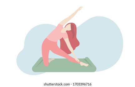 Fitness Woman doing exercises indoor. Sport Stretching Balance Pilates. Wellness concept in flat style. Vector illustration 