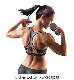 Fitness woman with dumbbell in sportswear, 3d illustration