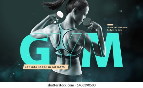 Fitness woman with dumbbell in sportswear, gym ads in 3d illustration