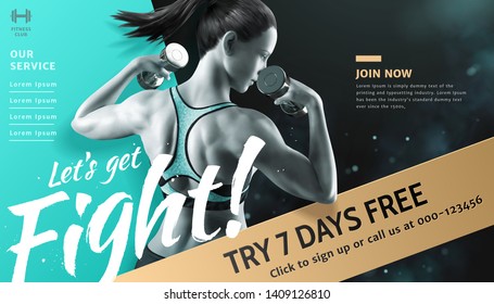 Fitness woman with dumbbell in sportswear, gym ads in 3d illustration