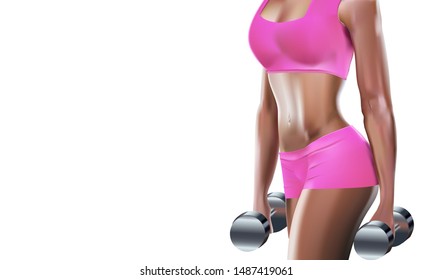Fitness woman with dumbbell in sportswear, isolated on white background, gym ads in 3d illustration