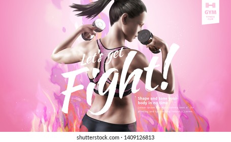 Fitness woman with dumbbell in sportswear on pink fire background, gym ads in 3d illustration