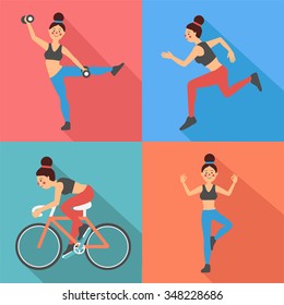 Fitness Woman Exercises in Flat Style - in vector