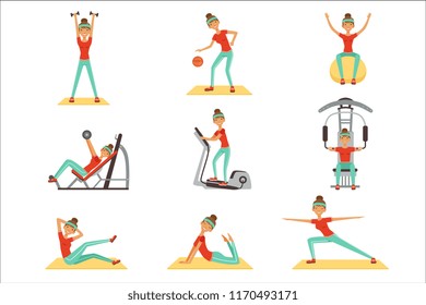 Fitness woman exercising in the gym with sports equipment set of colorful vector Illustrations