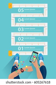 Fitness woman hand with wearing watchband touchscreen smartwatch with holding mobile phone with weight loss measuring tape meter ideas concept, View from above vector illustration