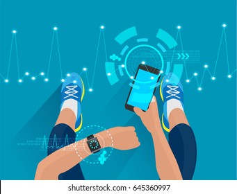 Fitness woman hand with wearing watchband smartwatch with tech healthcare wellness innovation concept