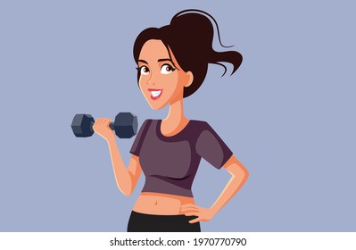 Fitness Woman Holding Dumbbell Vector Illustration. Fit active girl training with weights for stronger healthier body
