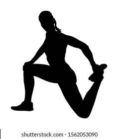 Fitness woman instructor exercise on training in gym vector silhouette. Losing weight, bodybuilder. Personal trainer workout. Fit sport lady. Handsome girl stretching worming up. Female athlete skill.