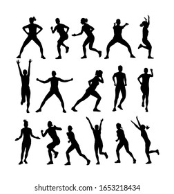 Fitness woman instructor exercise on training in gym vector silhouette. Losing weight, bodybuilder. Personal trainer workout. Fit sport lady. Handsome girl stretching worming up. Female athlete skill.