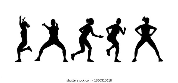 Fitness woman instructor exercise on training in gym vector silhouette. Losing weight, bodybuilder. Personal trainer workout. Fit sport lady. Handsome girl stretching worming up. Female athlete skill.