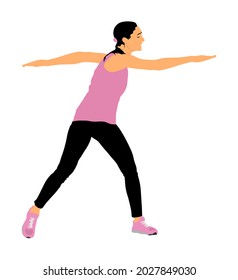 Fitness woman instructor exercise on training in gym vector illustration. Losing weight, bodybuilder. Personal trainer workout. Fit sport lady. Girl stretching worming up. Female athlete skill.