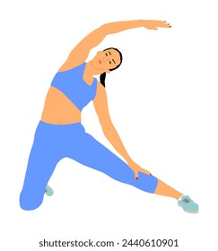 Fitness woman instructor exercise on training in gym vector illustration. Losing weight bodybuilder. Personal trainer workout. Fit sport lady. Handsome girl stretching worming up. Female athlete skill