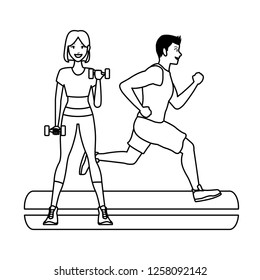 fitness woman lifting dumbbells and man running in black and white