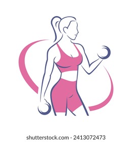 fitness woman logo template, young woman lifting barbell vector illustration
