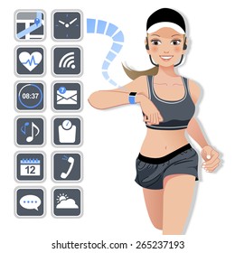Fitness woman looking at smart watch touchscreen and app icons.