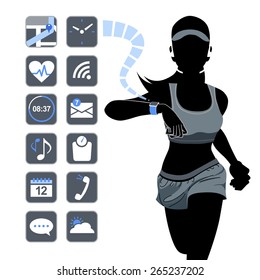 Fitness woman looking at smart watch touchscreen and app icons.