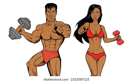 Fitness woman and man. Vector illustration. Building body muscle involves progressive training with increasing weights Fitness woman and man to achieve their fitness goals Fitness exercises improve