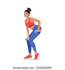 Fitness Woman Performs Strength Training Exercises With Dumbbells. Female Character Engaging Various Muscle Groups To Improve Strength, And Overall Fitness Levels. Cartoon People Vector Illustration