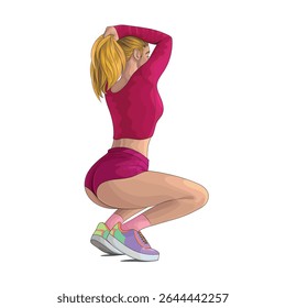 Fitness woman in pink suit doing squats, vector illustration