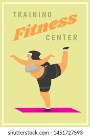 Fitness Woman Poster. Health sport in club. Cute Plus Size banner. Fat girl doing exercises, loses weight, warming up. Full body character on pastel background.