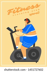 Fitness Woman Poster. Health sport in club. Cute Plus Size banner. Fat girl doing exercises, running on the simulator, loses weight, warming up. Full body character on pastel background.